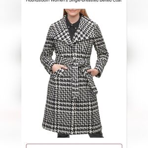 Karl Lagerfeld Women's Black White Houndstooth Wool Belted Coat-EUC